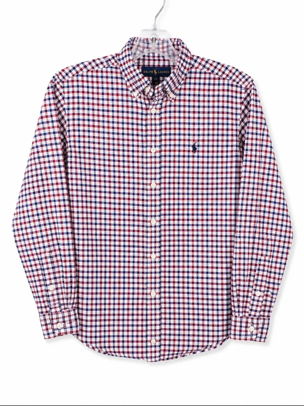 Ralph Lauren Boys Red Blue Gingham Plaid Button Down Shirt Size 14
